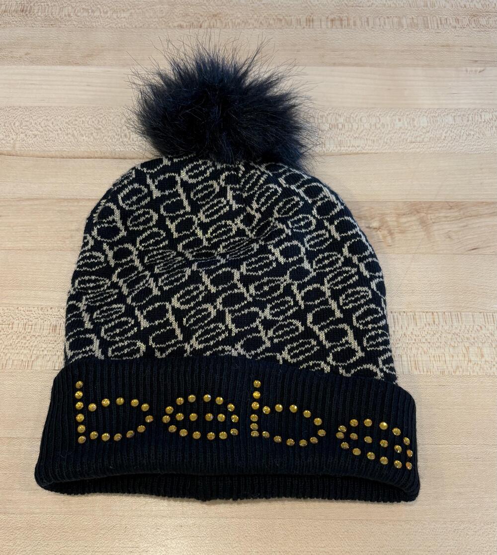 Bebe Hat Beanie Womens One Size Black Logo Knit Faux Fur Pom Studded Geometric